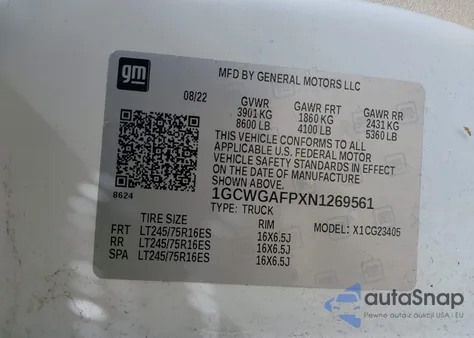 2022 Chevrolet Express Cargo Rwd 2500 Regular Wheelbase Wt z USA, uszkodzony, nr VIN 1GCWGAFPXN1269561